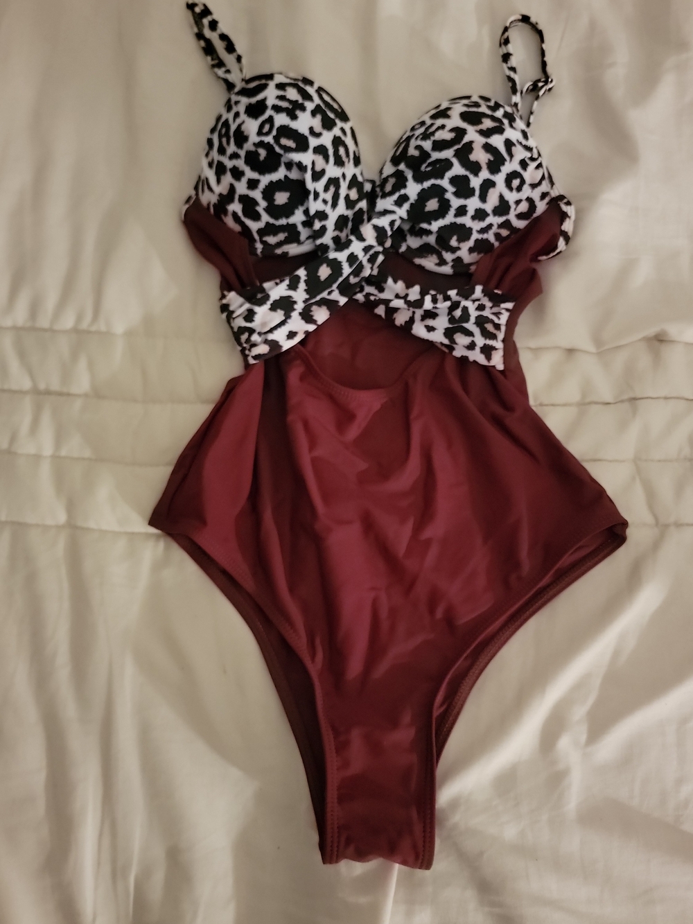 Leopard Print and Burgundy One-Piece Swimsuit